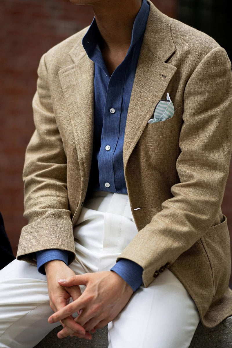 Wovynair Unstructured Linen Blazer in camel — Neapolitan-style, mother-of-pearl buttons
