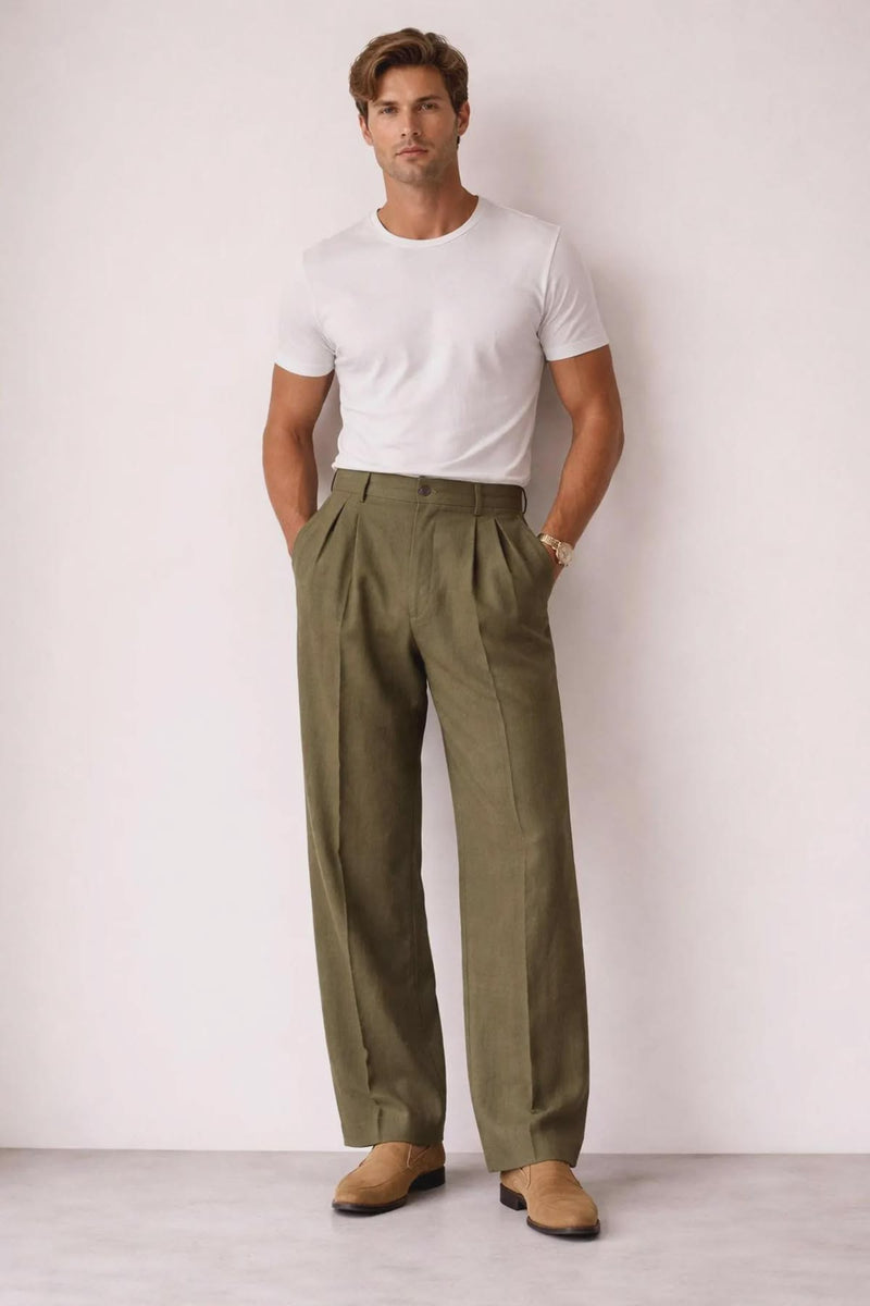 Wovynair Pleated Linen Trousers in olive